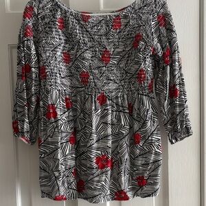 J. Jill Black and Red Smocked Floral Blouse XS Petite XSP